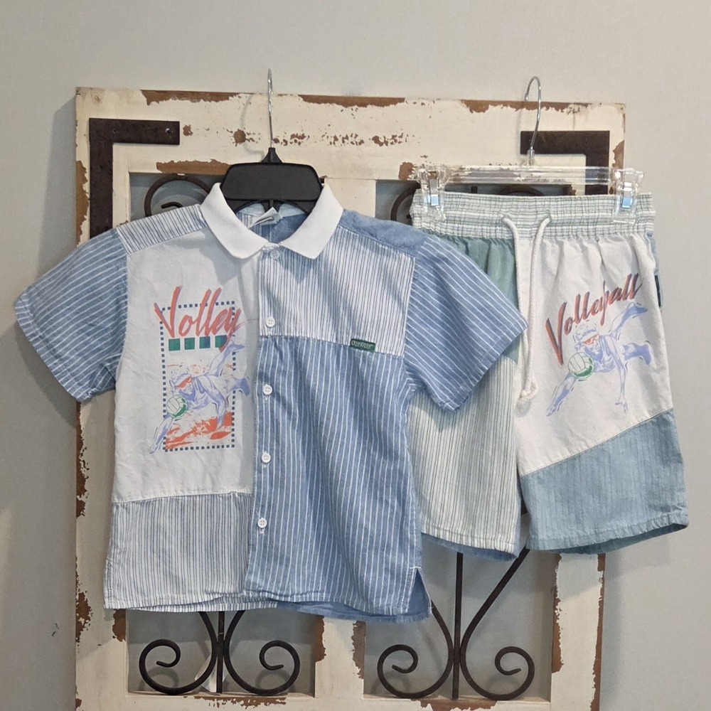 Vintage 80s OshKosh Beach Volleyball Matching Set USA Made Striped Shirt Shorts
